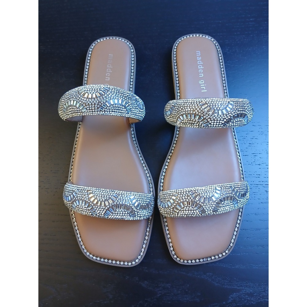 Madden Girl Partly Silver Multi Rhinestone Embellished Slide Sandals Flat Sz 10